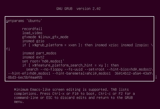The GRUB configuration file in edit mode