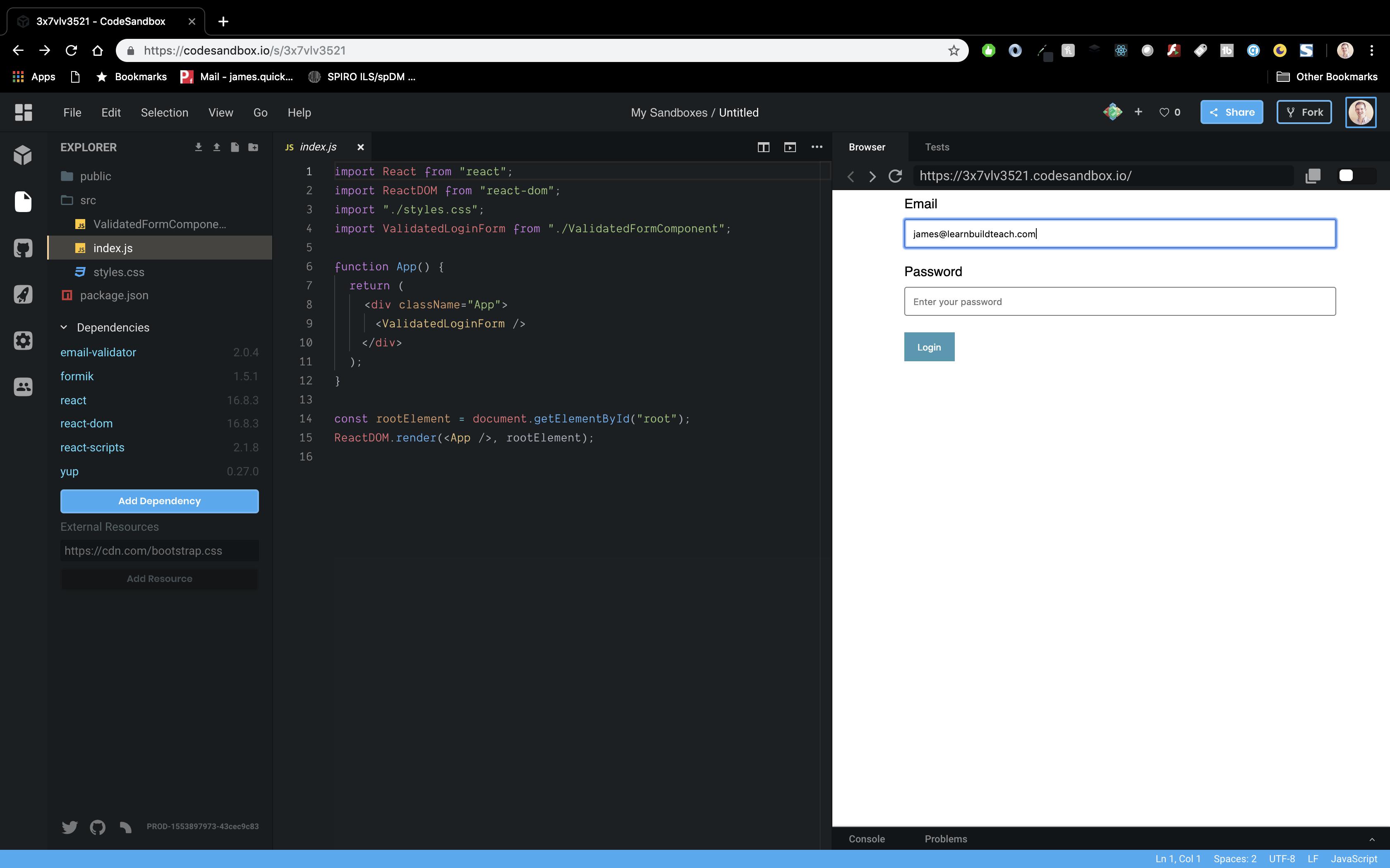 Valid email in the login form