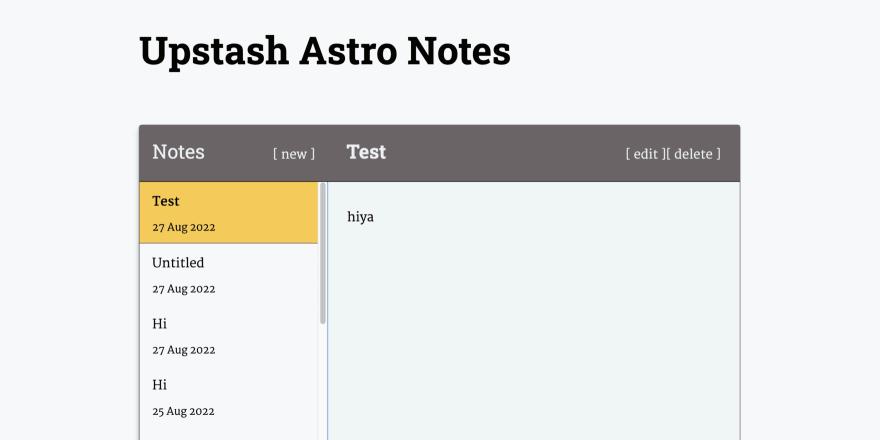 开始使用 Astro 和 Redis:屏幕截图显示标题 Upstash Astro 笔记,左侧有笔记列表,从中选择的笔记显示在主视图中