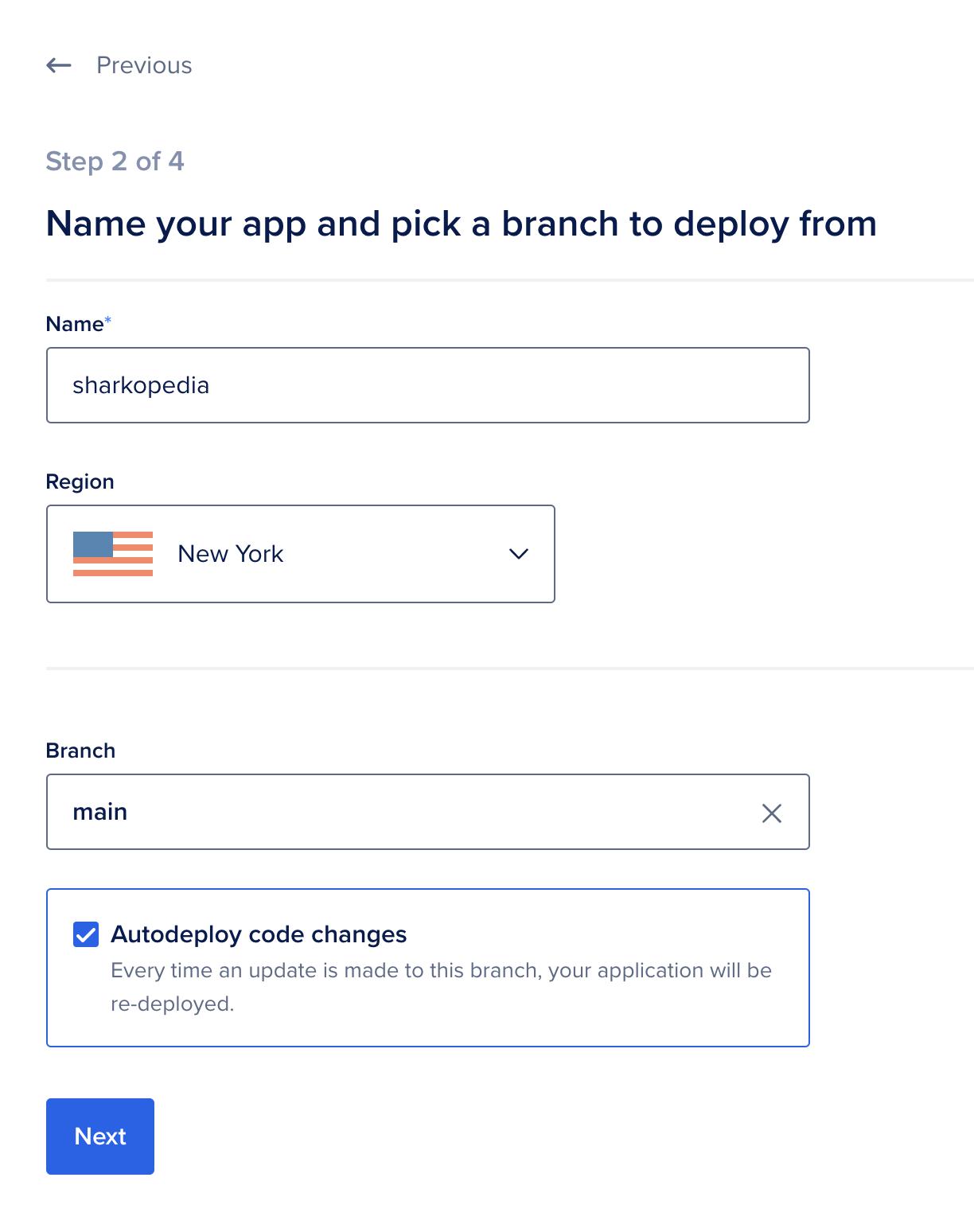 Choose name, region, and branch