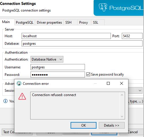 Unable to connect to PostgreSQL DB. Connection Refused