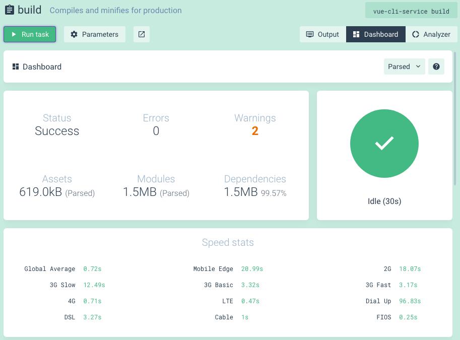 output from the vue run build command in Vue UI