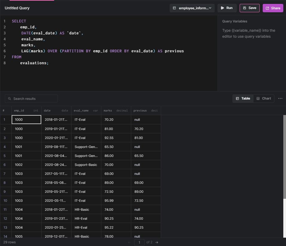 lag query result view in Arctype
