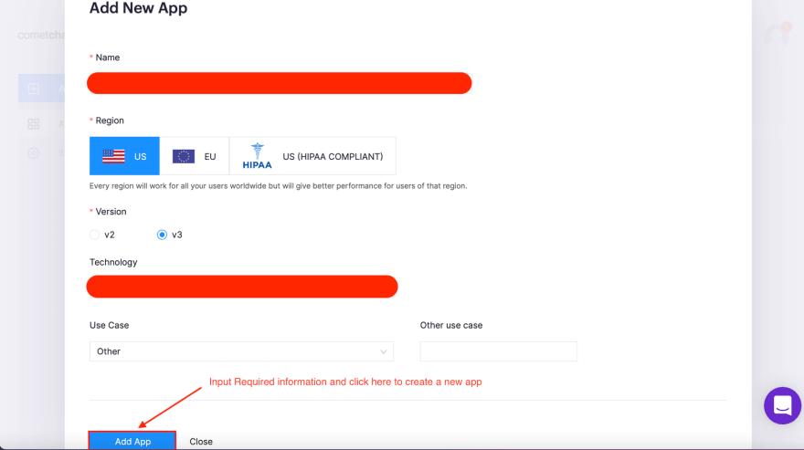 创建一个新的 CometChat 应用程序 - 步骤 2