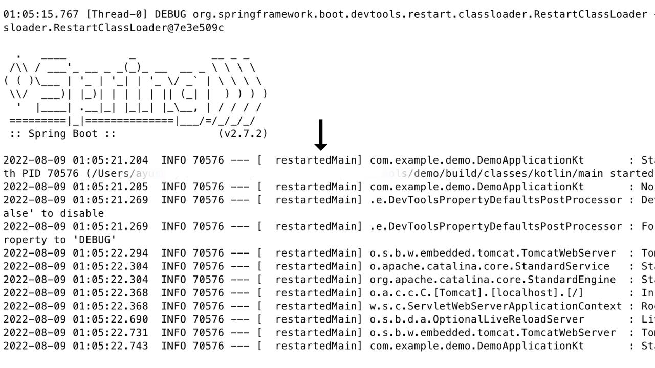 In the application logs, can see the restartedMain thread