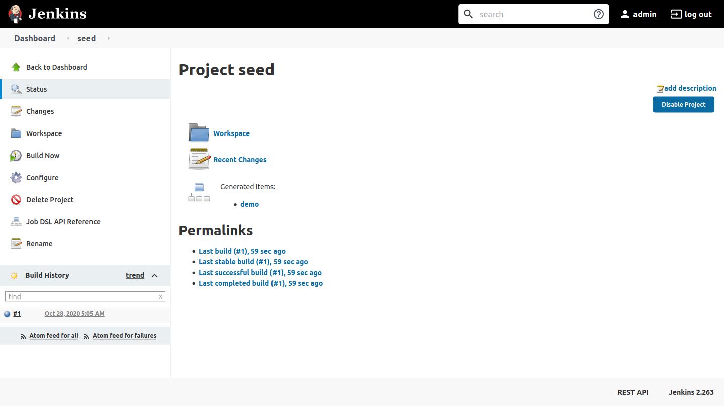 Seed job page showing a list of generated items from running the seed job