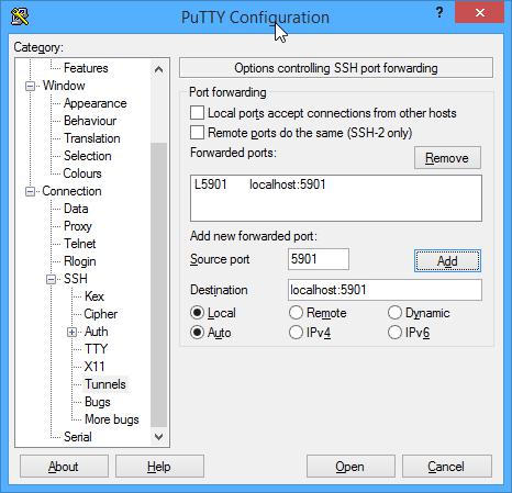 PuTTY SSH隧道配置