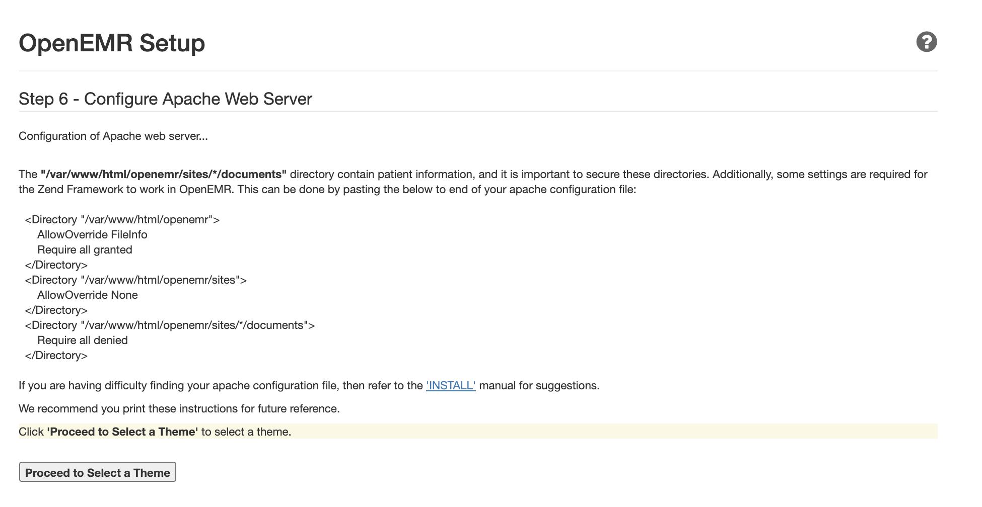OpenEMR setup page — Step 6