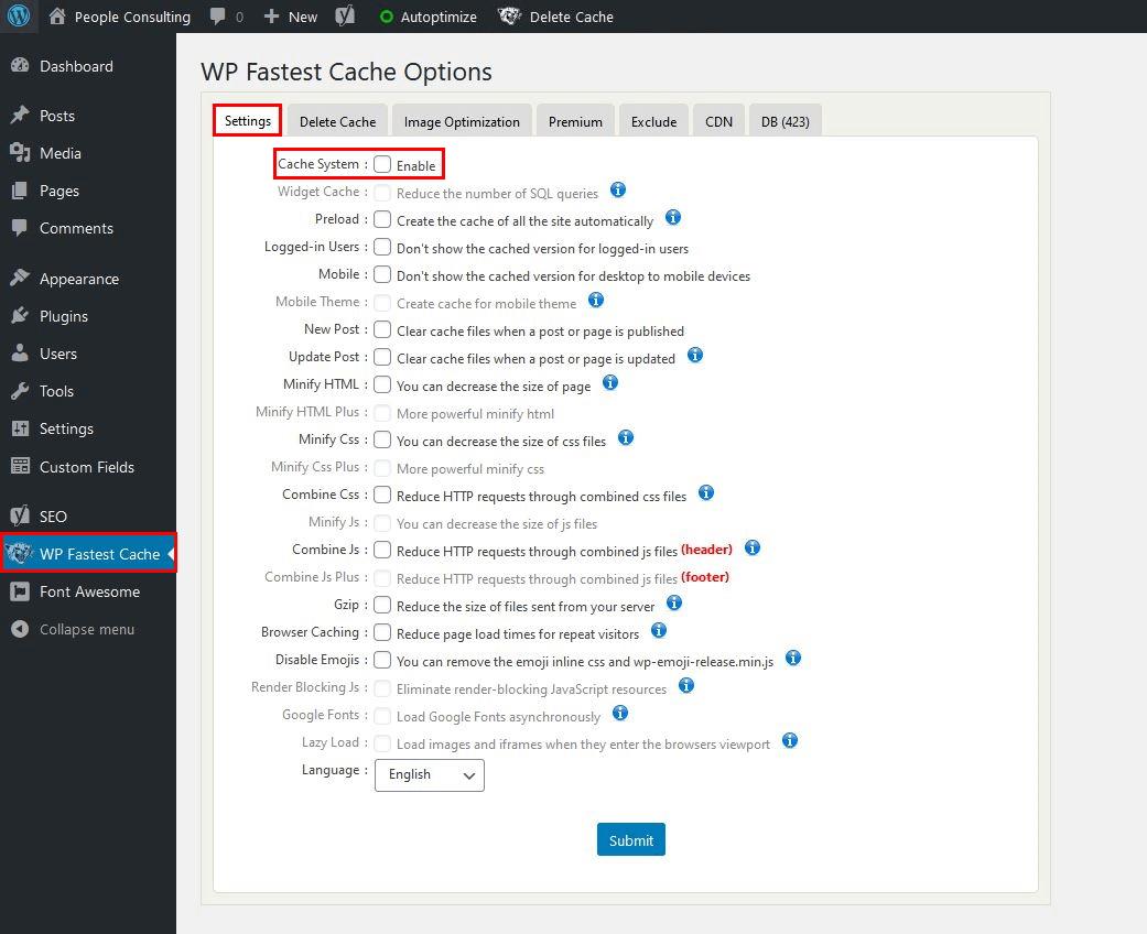 WP Fastest Cache: checkbox for enabling/disabling caching