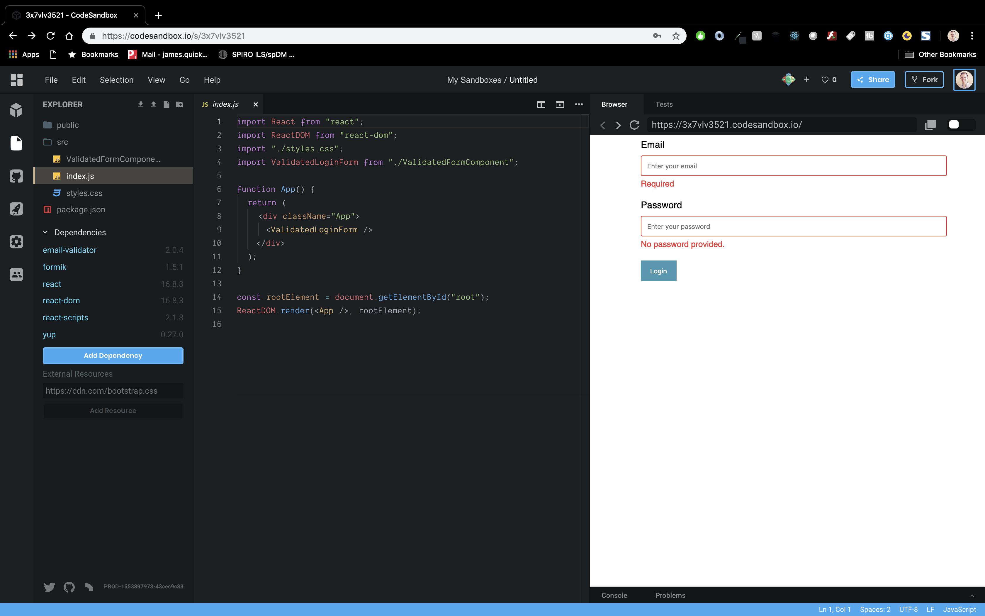 Validation messages in the login form