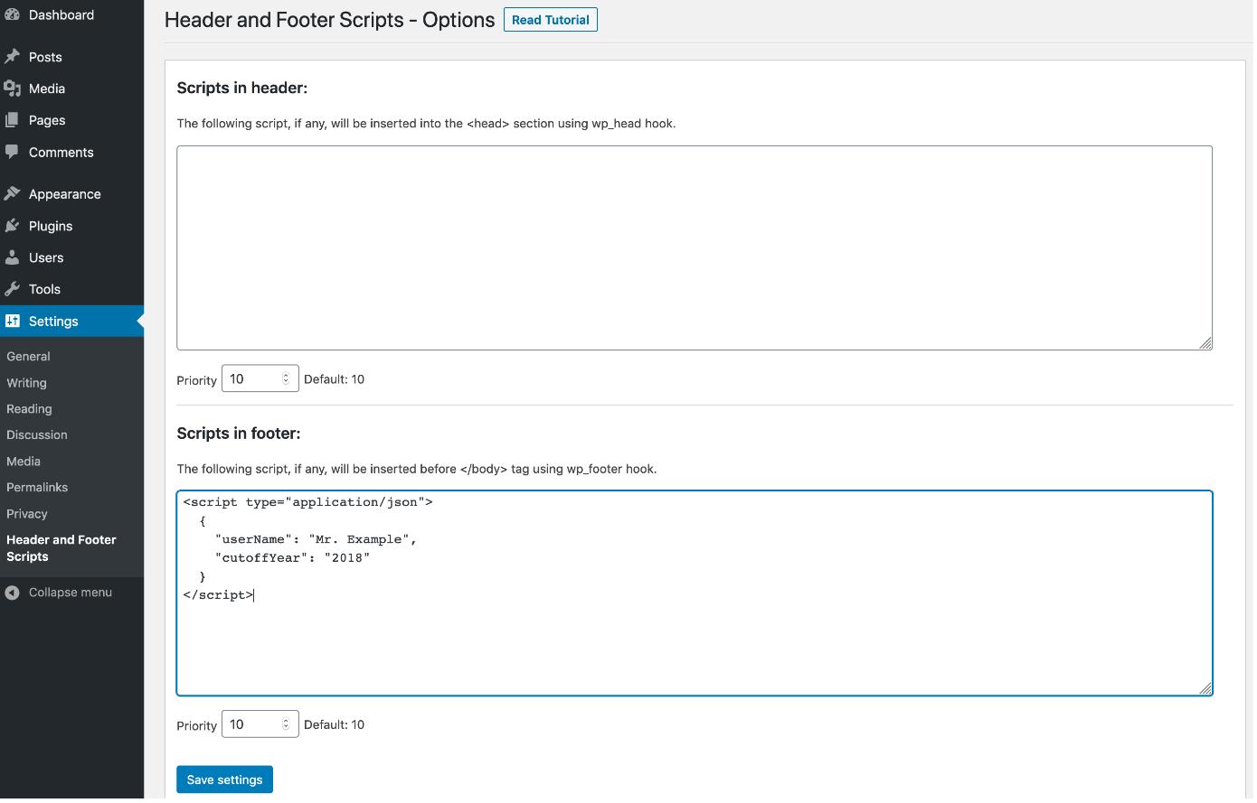 Insert script markup in WordPress footer