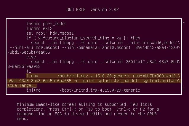Editing the GRUB Configuration File to Enable Maintenance Mode
