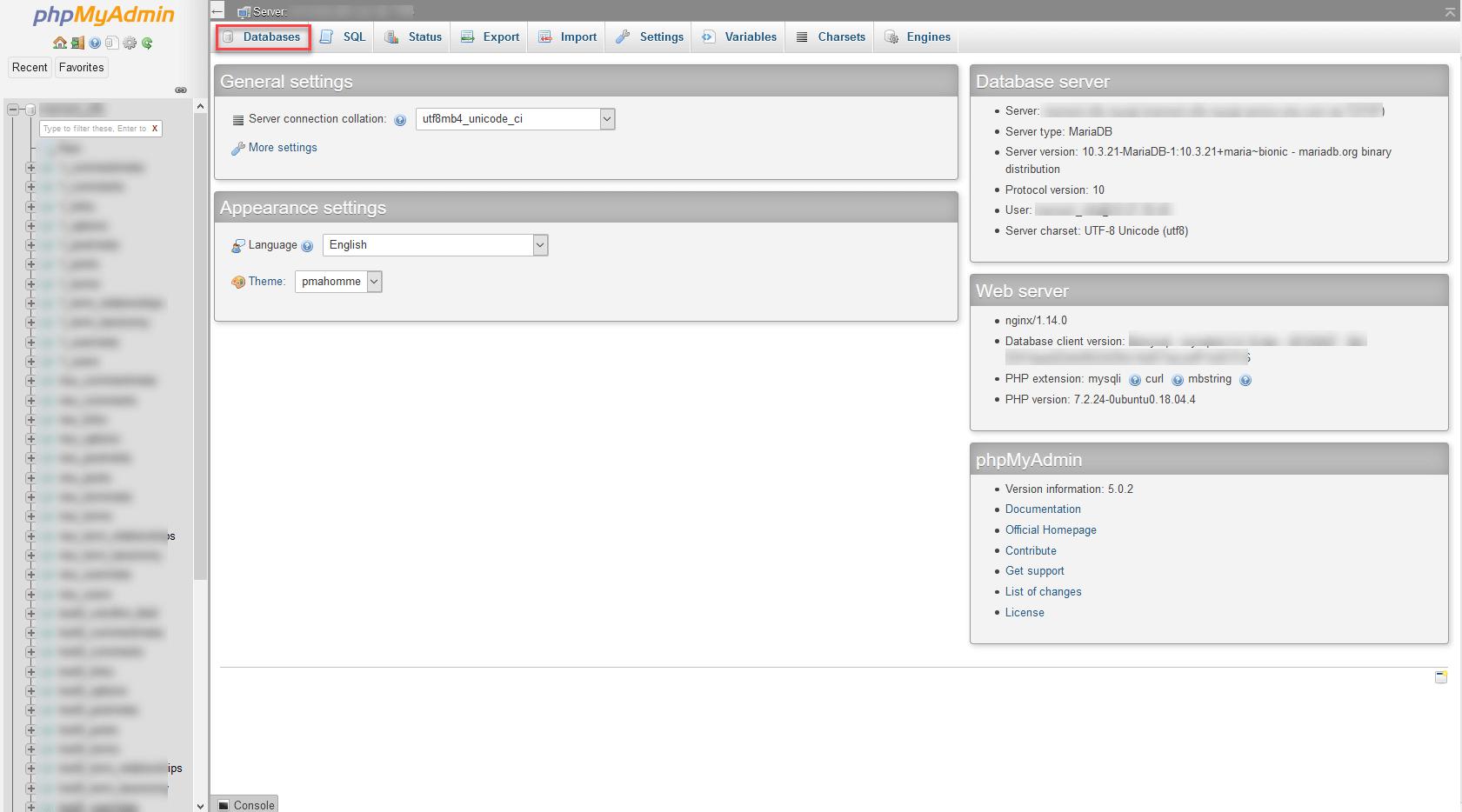 phpMyAdmin - 基本配置:选择“数据库”