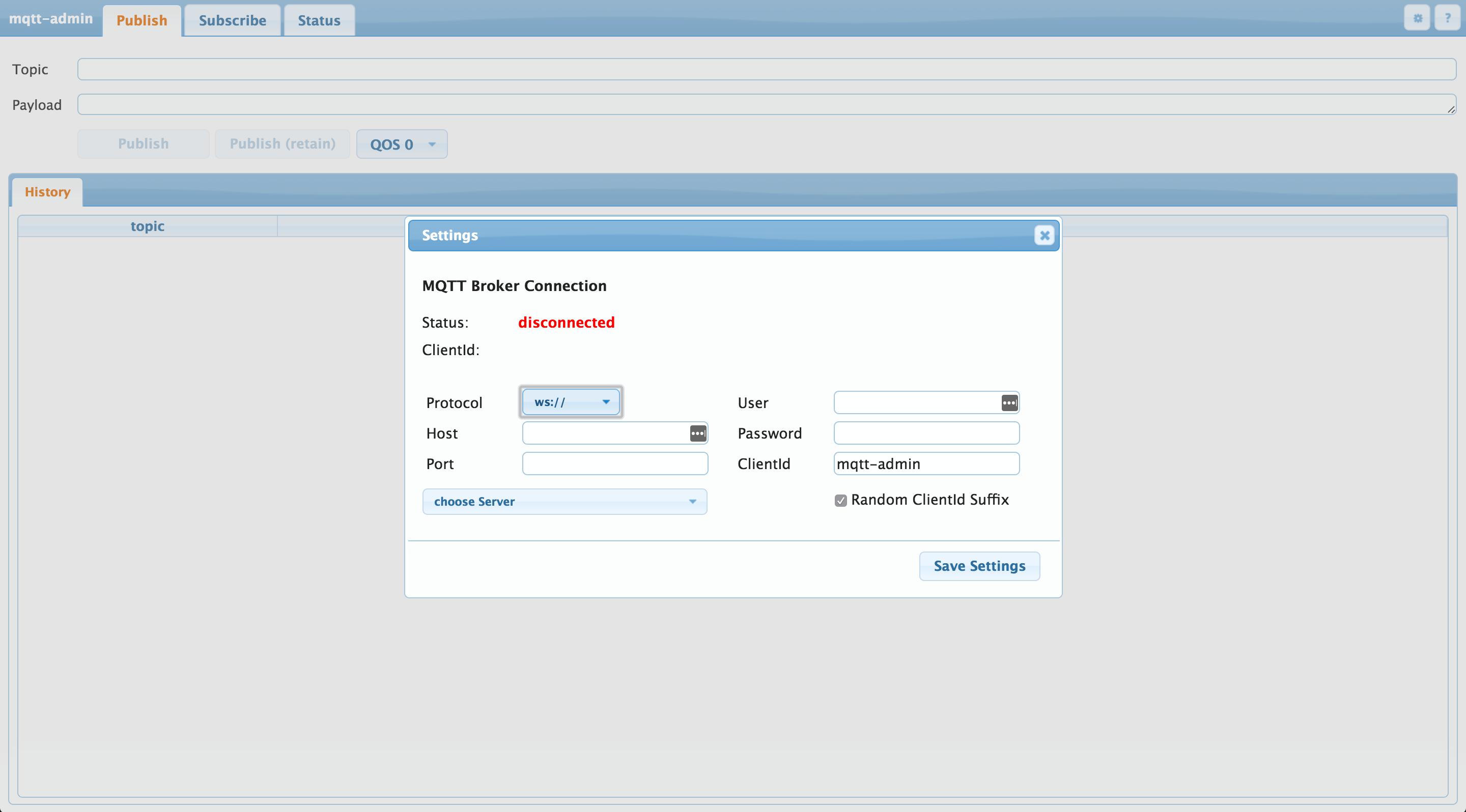 mqtt-admin's initial screen