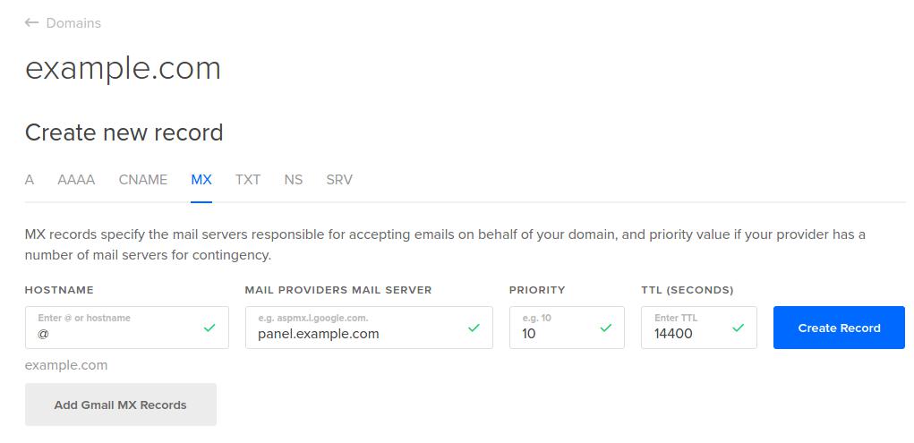 DigitalOcean DNS add MX record