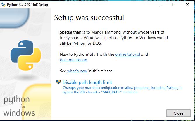 Python Windows 10 Setup Successful