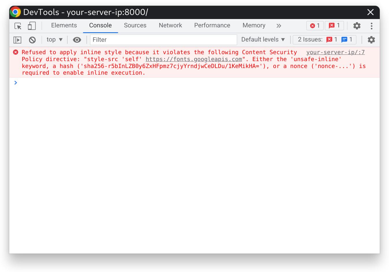 Screenshot of DevTools Error: "Refused to apply inline style because it violates the following Content Security Policy directive: "style-src 'self' https://fonts.googleapis.com". Either the 'unsafe-inline' keyword, a hash, or a nonce is required to enable inline execution."