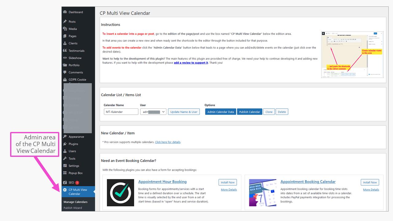 The admin area of the CP Multiview Calendar for WordPress The admin area of the CP Multiview Calendar for WordPress