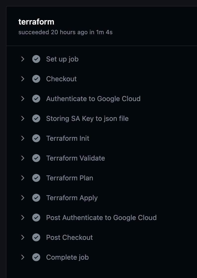 图片是来自 GitHub Actions UI 的屏幕截图,显示了“terraform”工作流程步骤。
