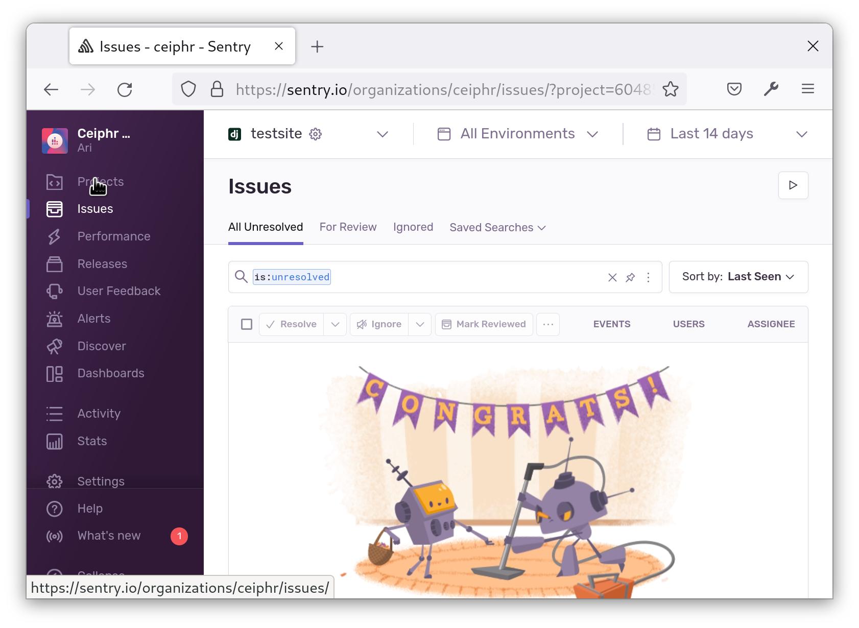 Screenshot of Sentry UI.