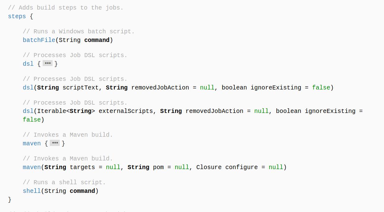 Reference for the Job DSL steps block
