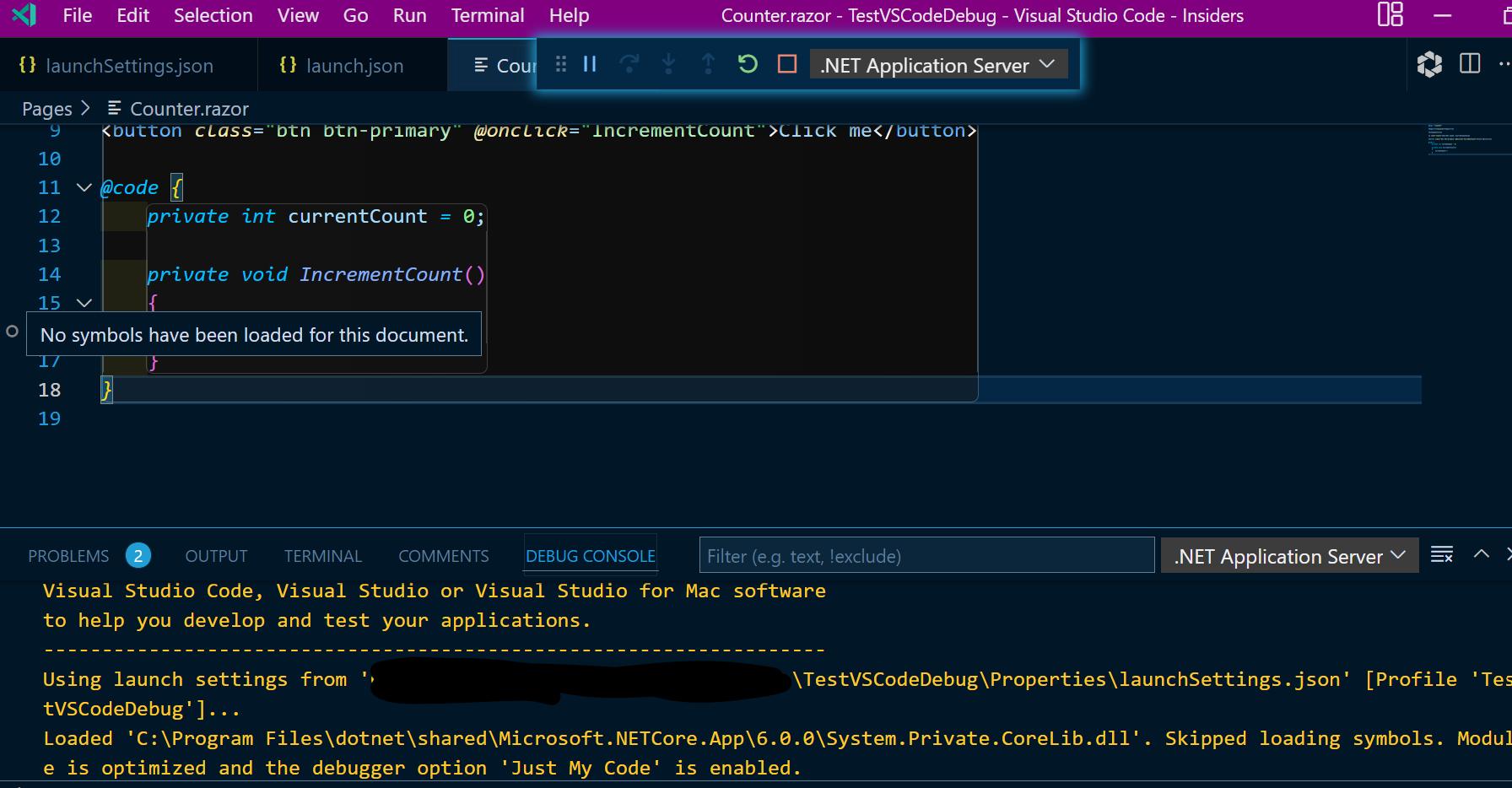 VS Code in debug mode 