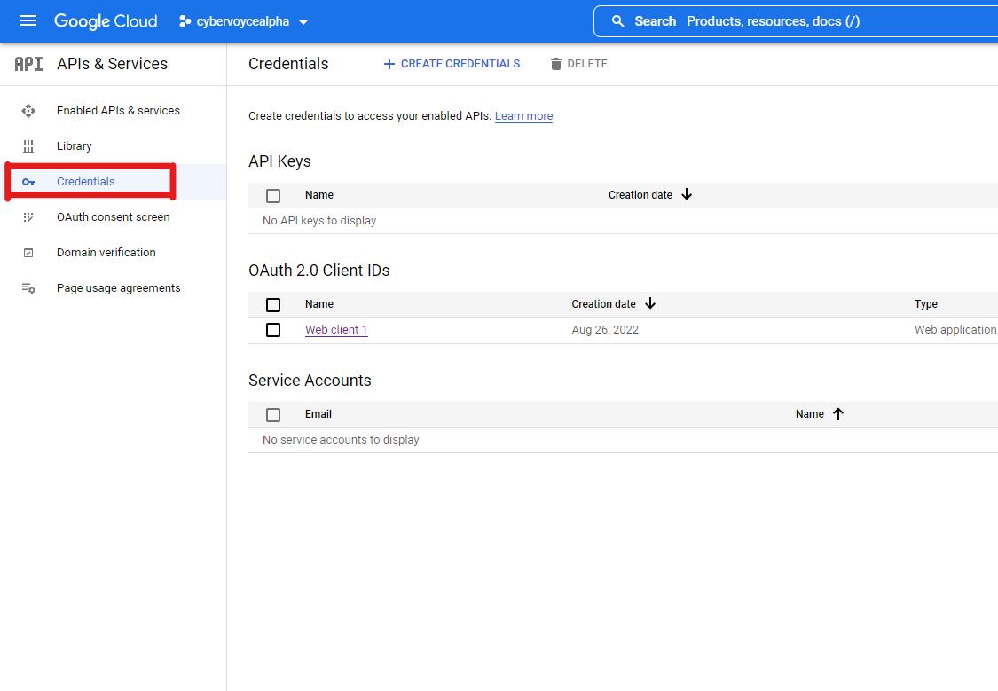 google api cloud 上的凭据选项卡