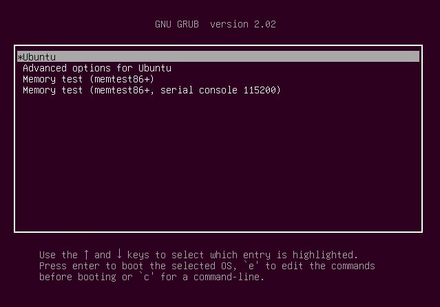 The default GRUB menu in Ubuntu 18.04