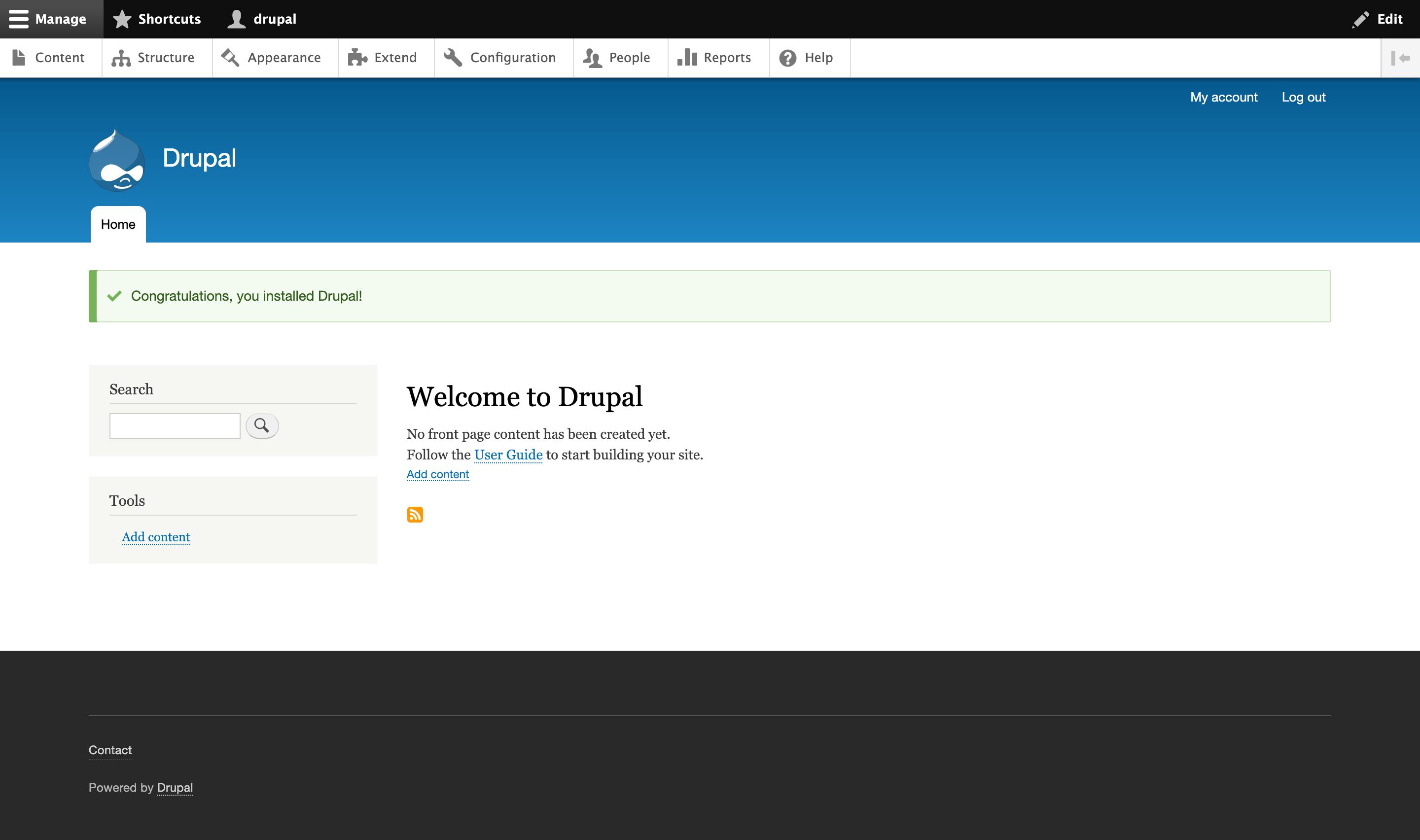 Welcome to Drupal page on Drupal web interface