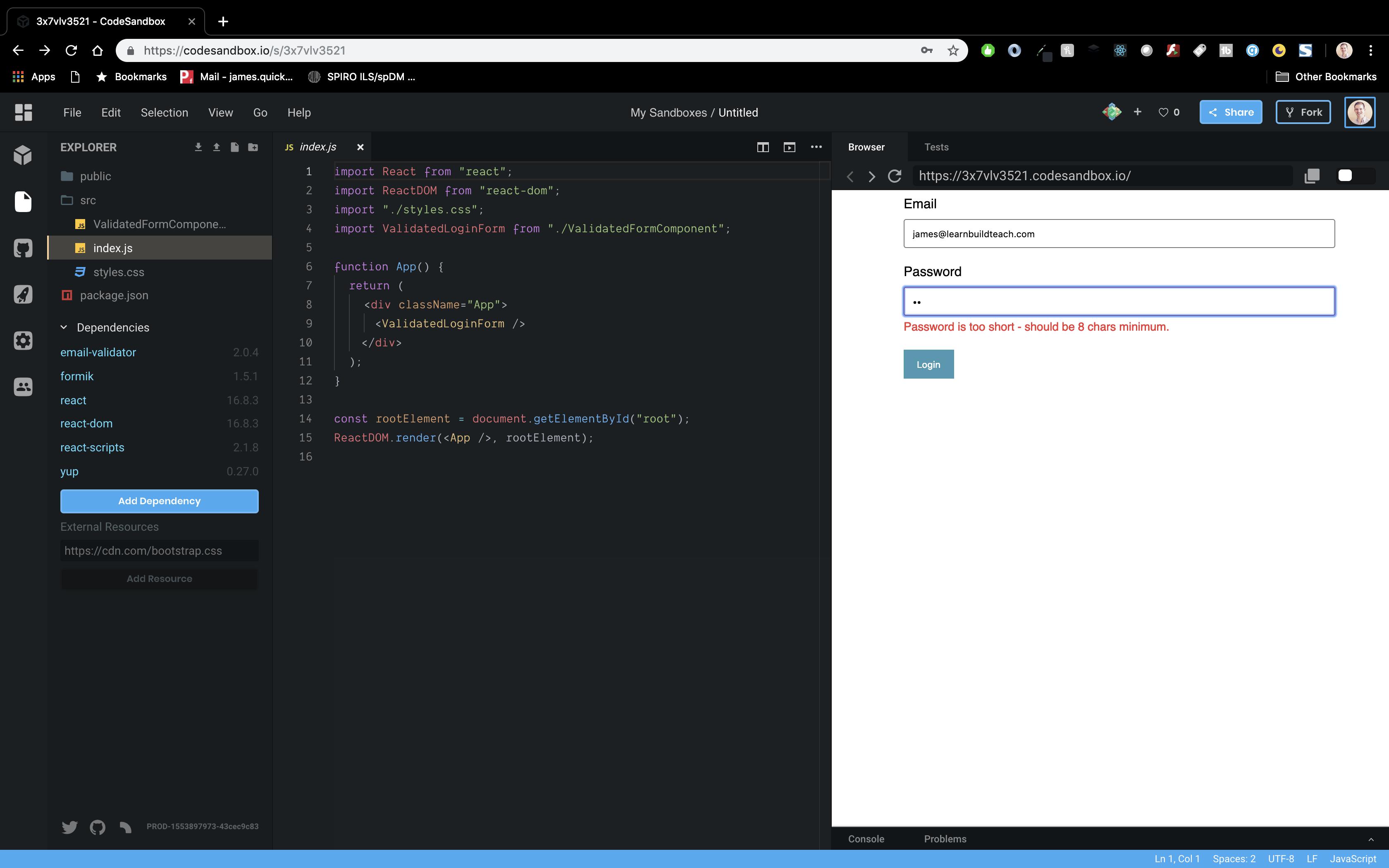 Length validation message in the login form