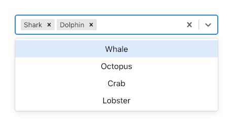 选择了 Shark 和 Dolphin 选项的 React Select 组件的屏幕截图