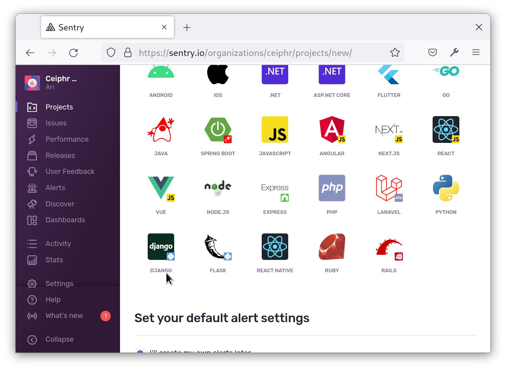 Screenshot showing Sentry UI for selecting a Django project.