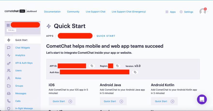 复制APP_ID、REGION和AUTH_KEY