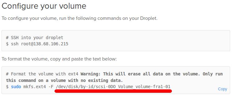 The config instructions show the device for the created block storage.