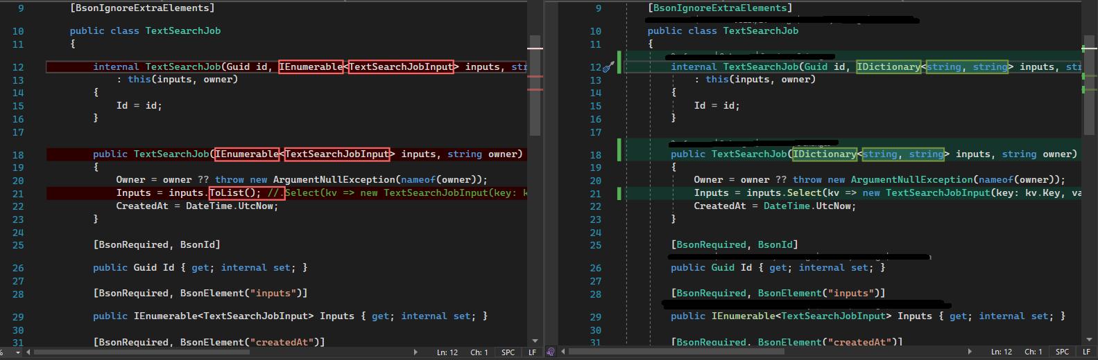 Comparison of working and buggy versions