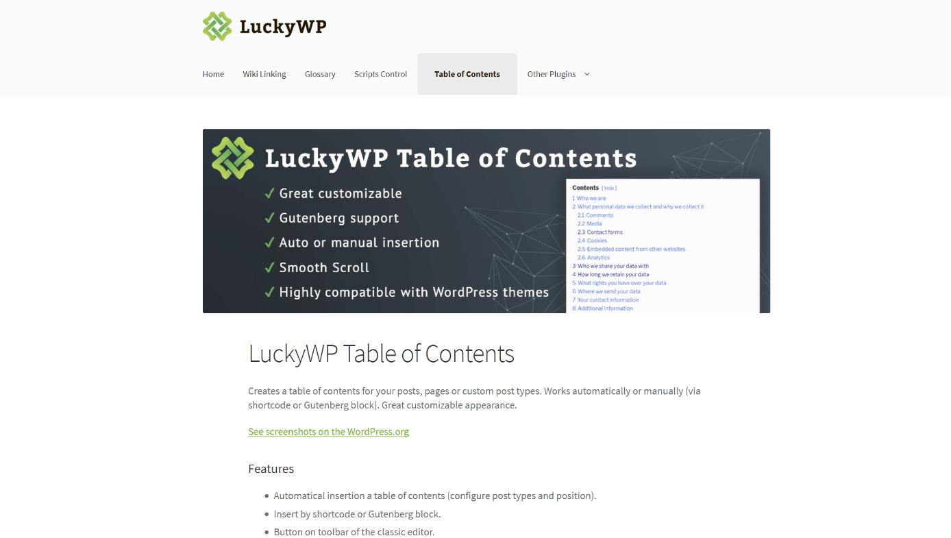Information page of LuckyWP Table of Contents on developer website