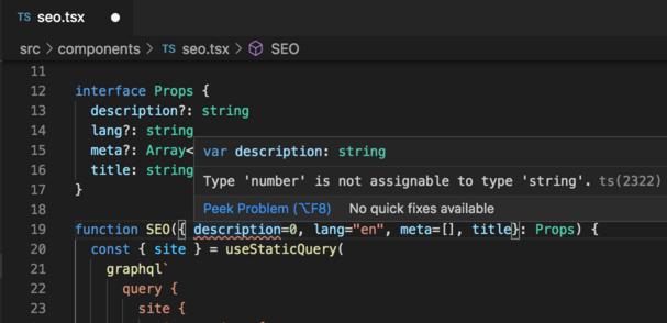 A build-time error in VSCode when the description variable is set to a number.