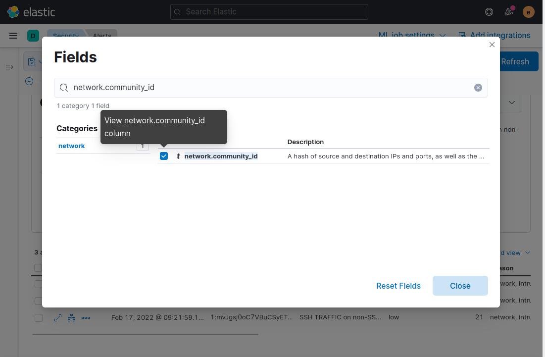Screenshot of adding the community_id field to the list of alerts