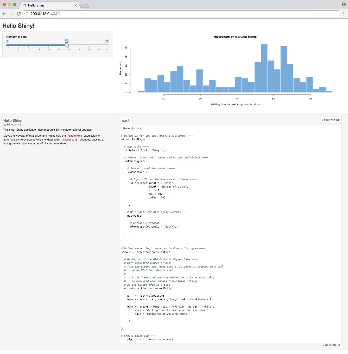 Screenhot of Shiny's 01-Hello example