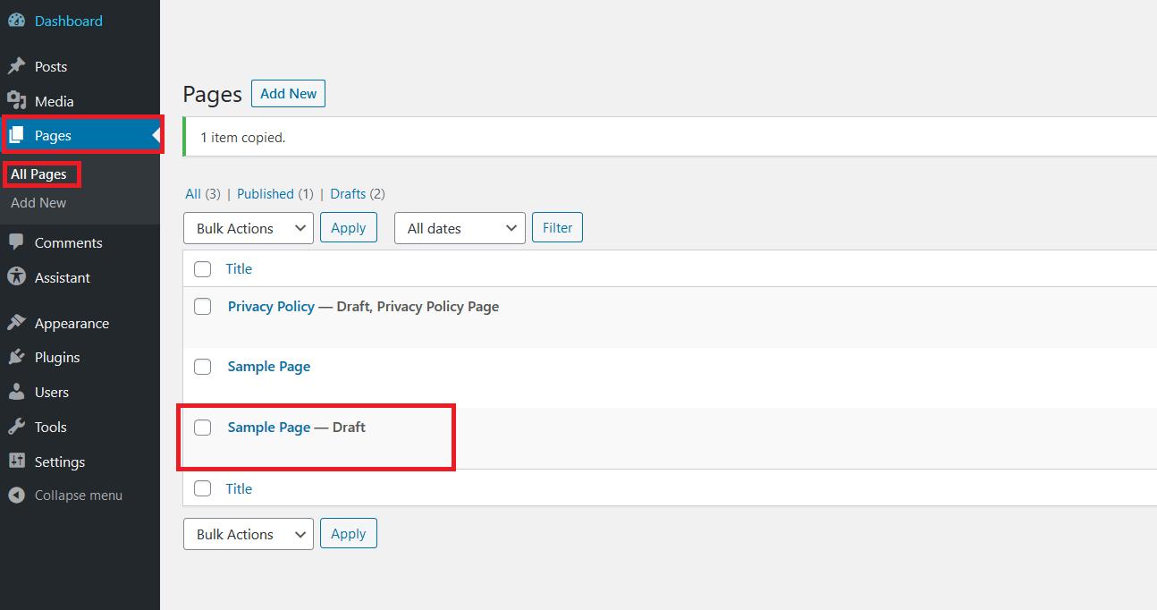 WordPress 后台:“Pages” > “All Pages”,显示重复页面