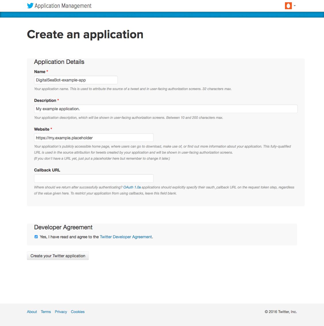 Fill out Twitter application details