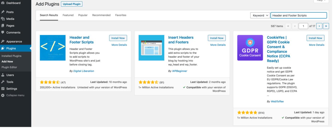 Search for Header and Footer Scripts Plugin