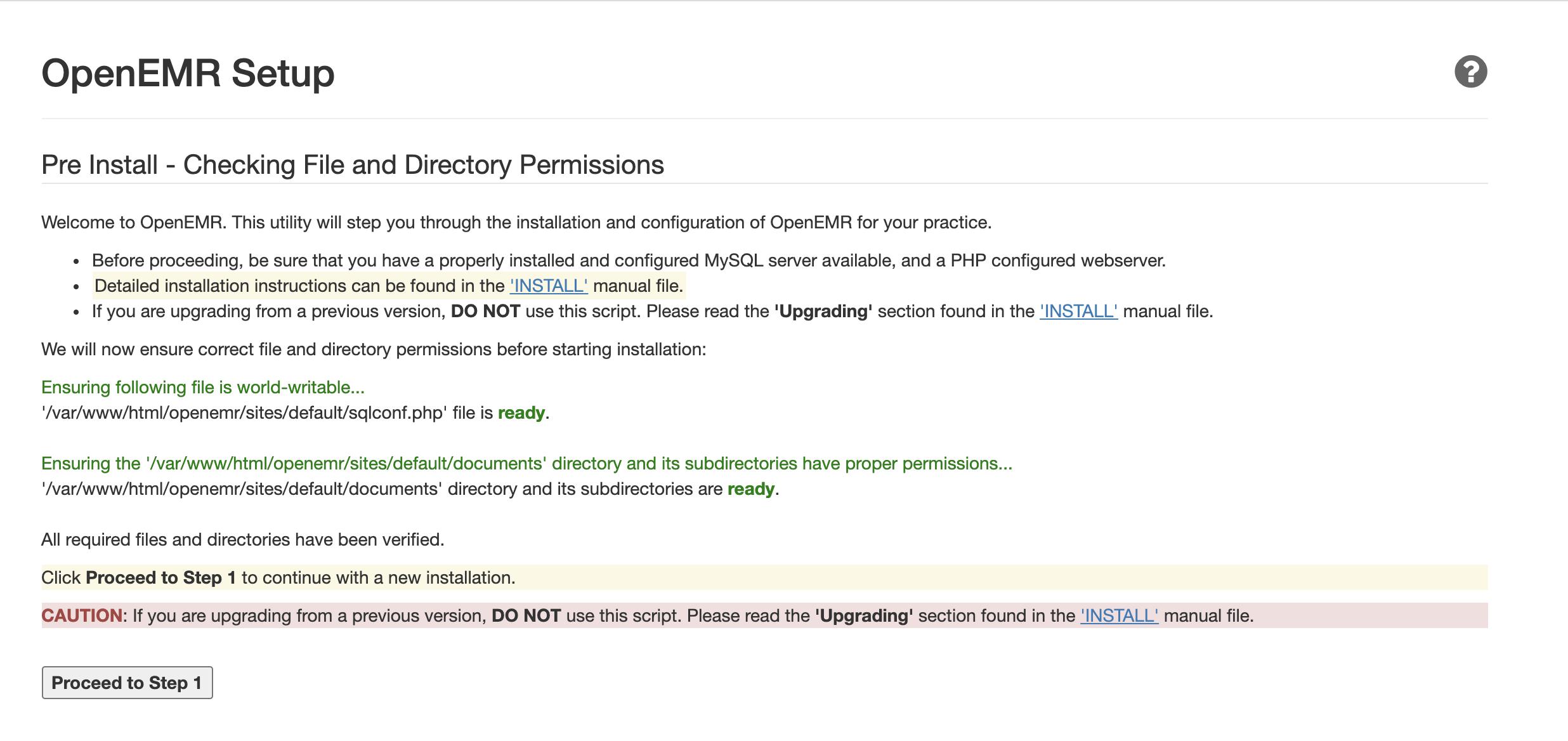 OpenEMR setup page
