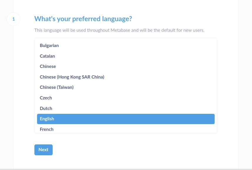 Metabase 的入职语言选择页面截图