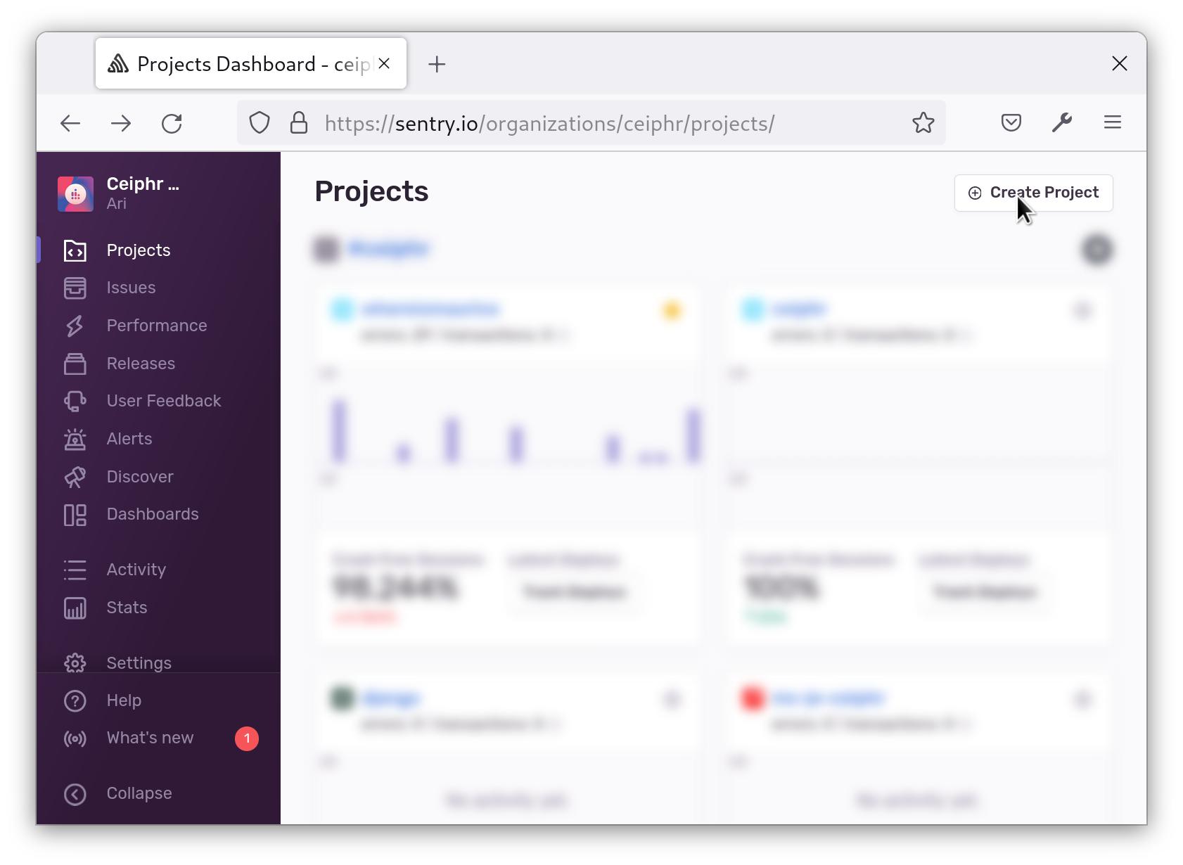 Screenshot showing Sentry UI for creating a project.
