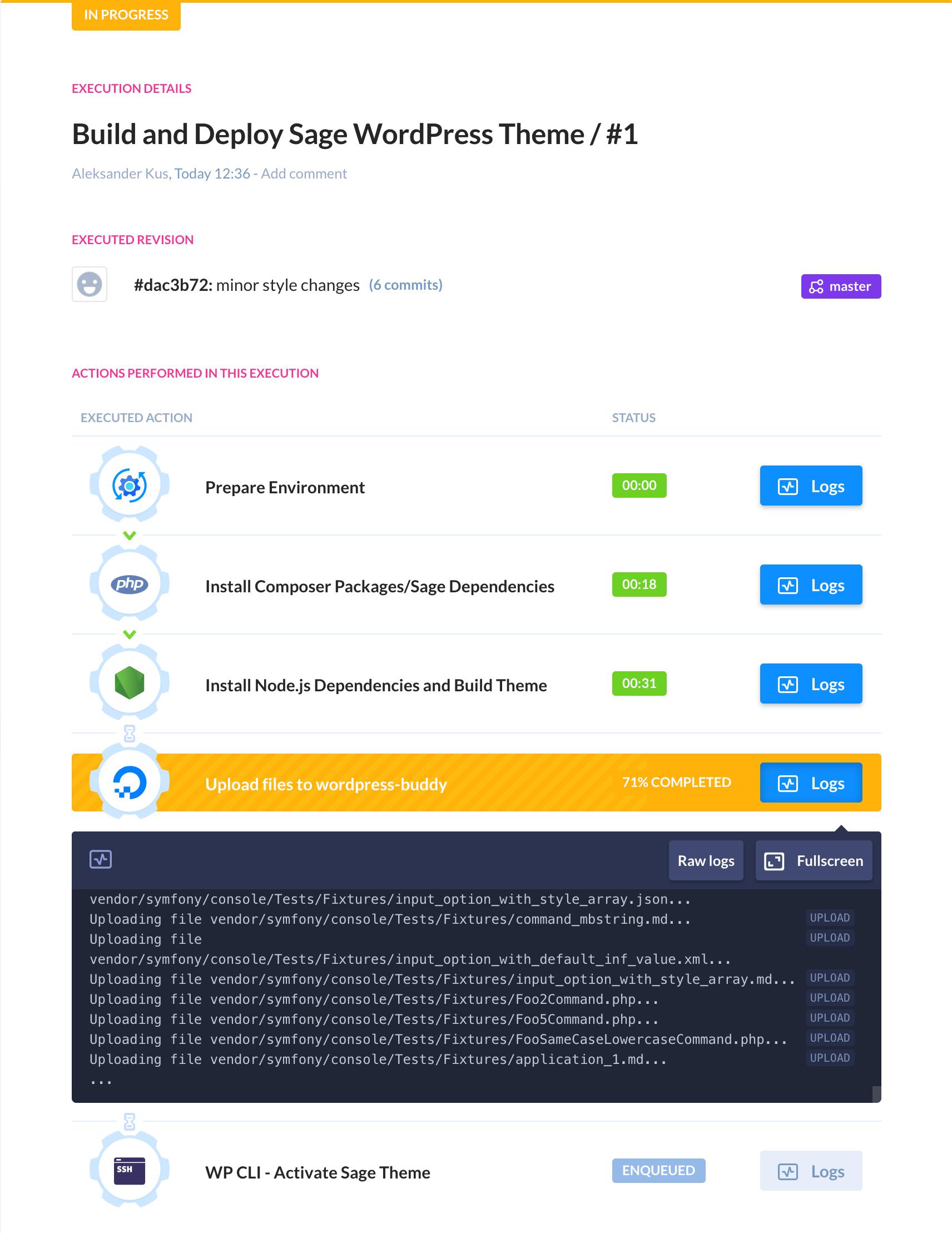 Pipeline execution screen