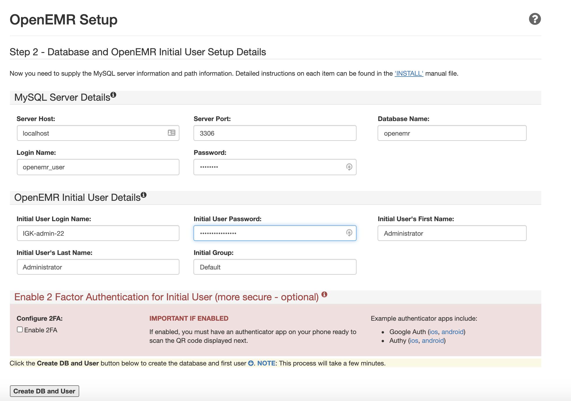 OpenEMR setup page — Step 2