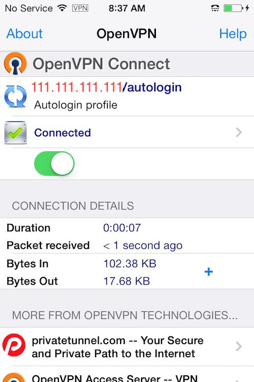The OpenVPN iOS app connected to the VPN