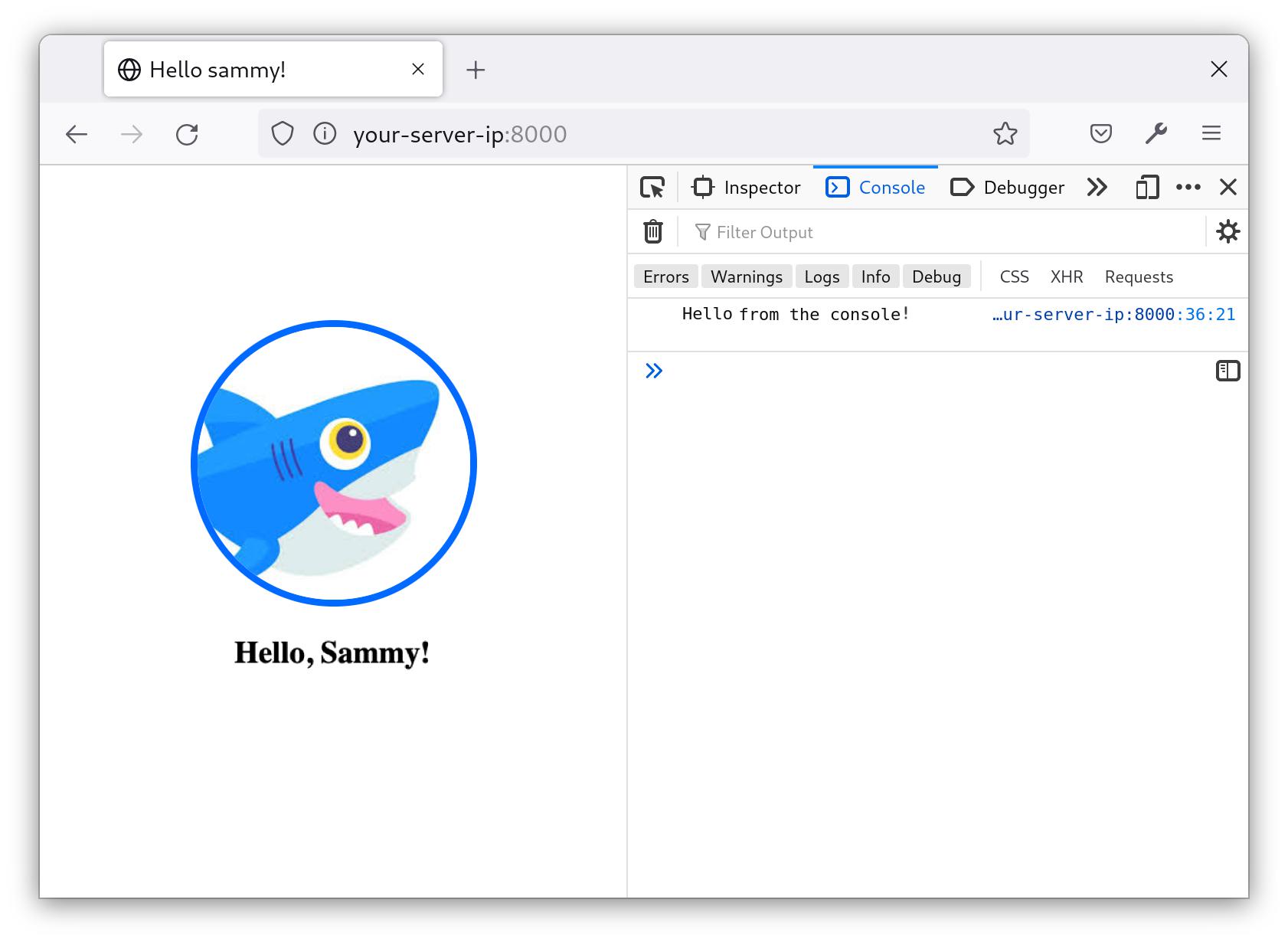 Screenshot showing console message. At left, the image of Sammy appears above the text, "Hello, Sammy!", which appears in default styling (bolded, black text). At right, the console displays the message, "Hello from the console!"