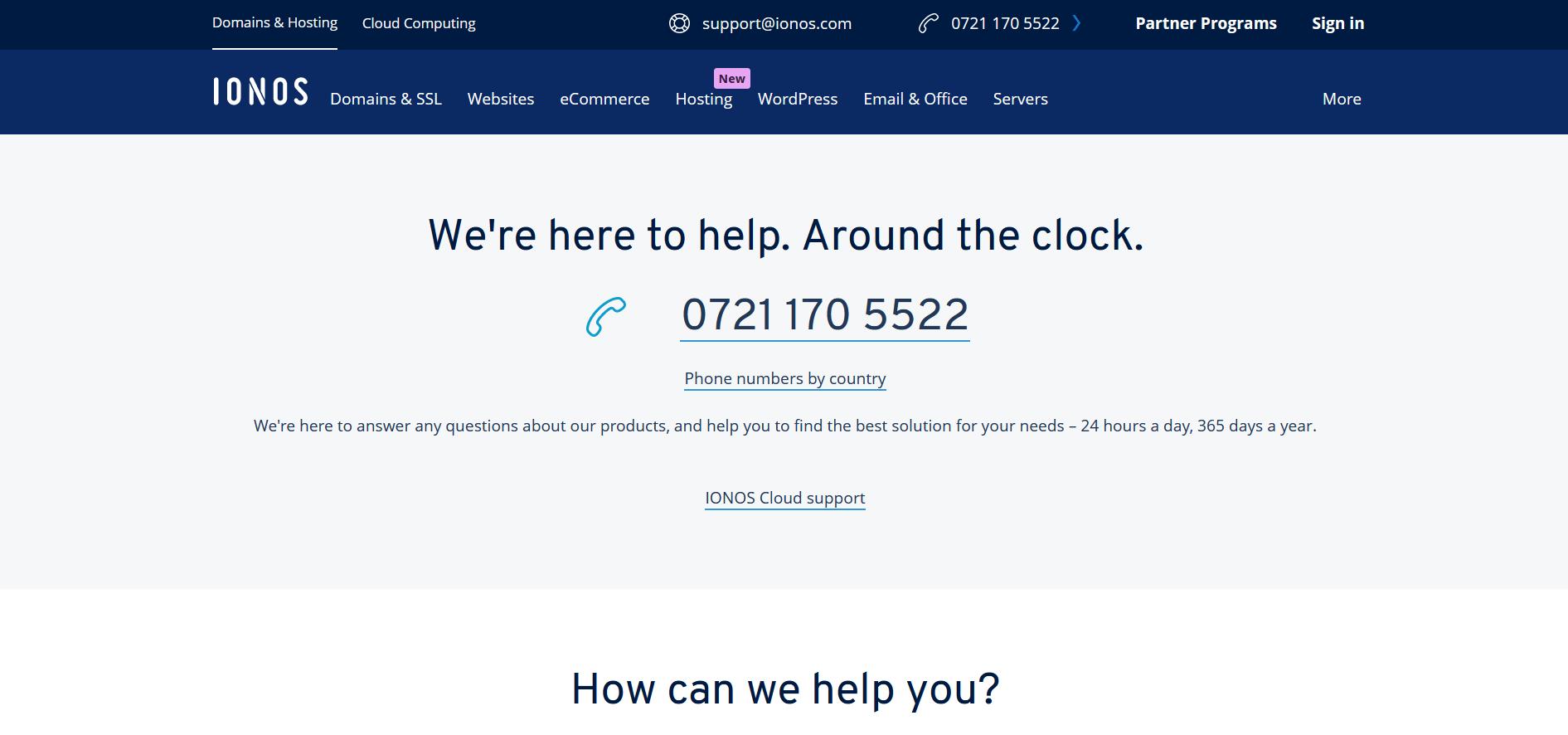 Screenshot of the IONOS contact page